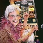 an elder lady and her cat smiling while playing a slot machine