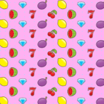 a pink background with casino symbols horizontally placed on it (blue diamonds, cherries, lemons, watermellons, plums, red 7)